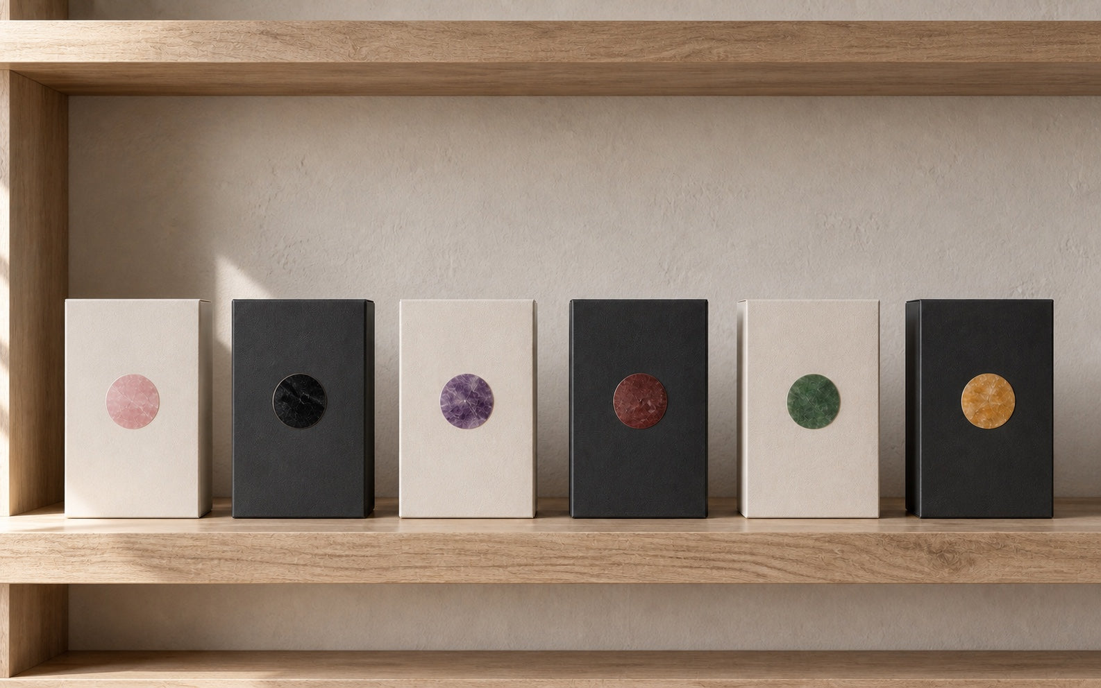 Six closed mineral-coded retail boxes arranged on pale oak shelving